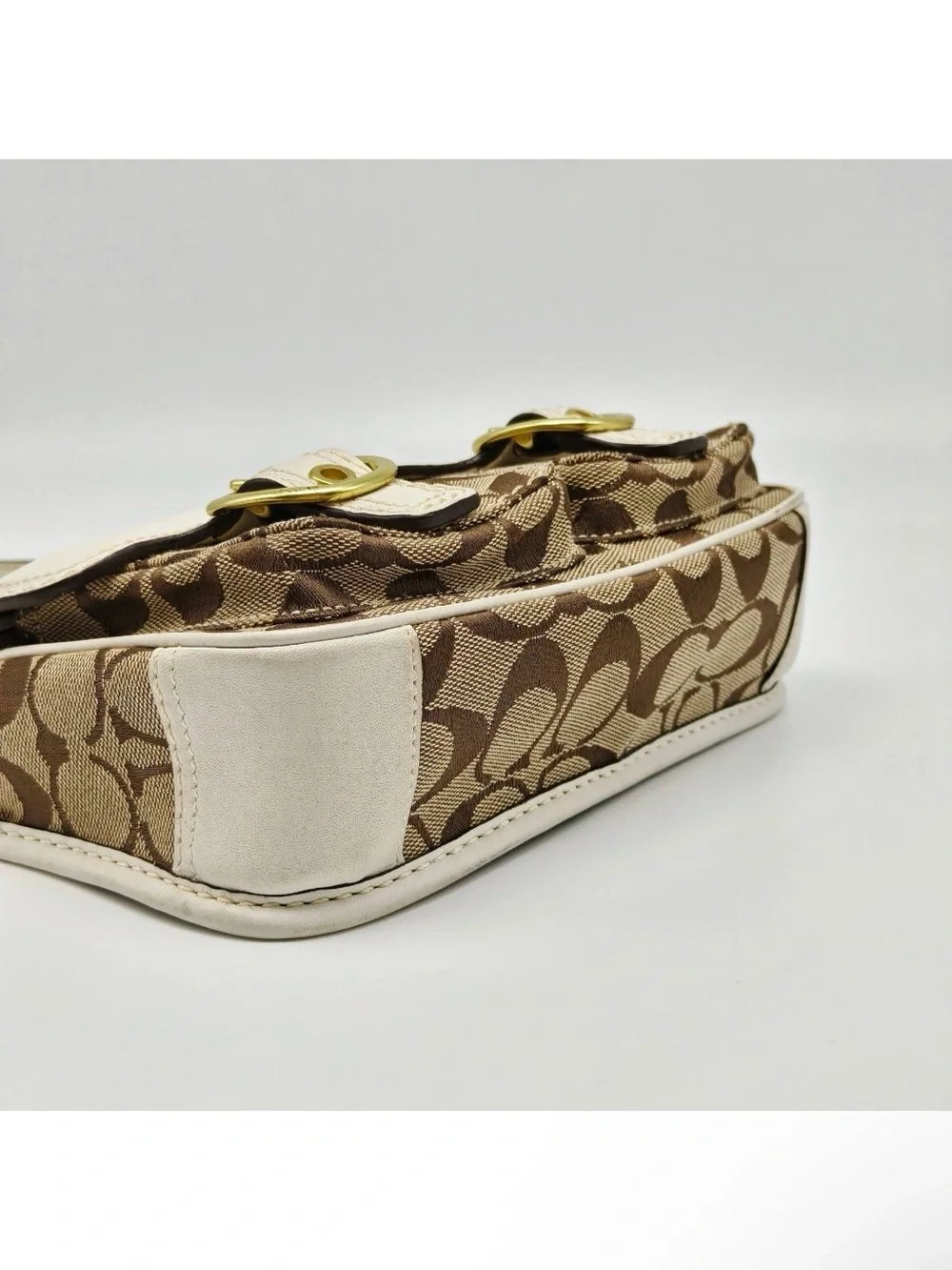 Coach Signature Mini Crossbody Bag Brown Canvas White Leather Flap Buckle Y2K
